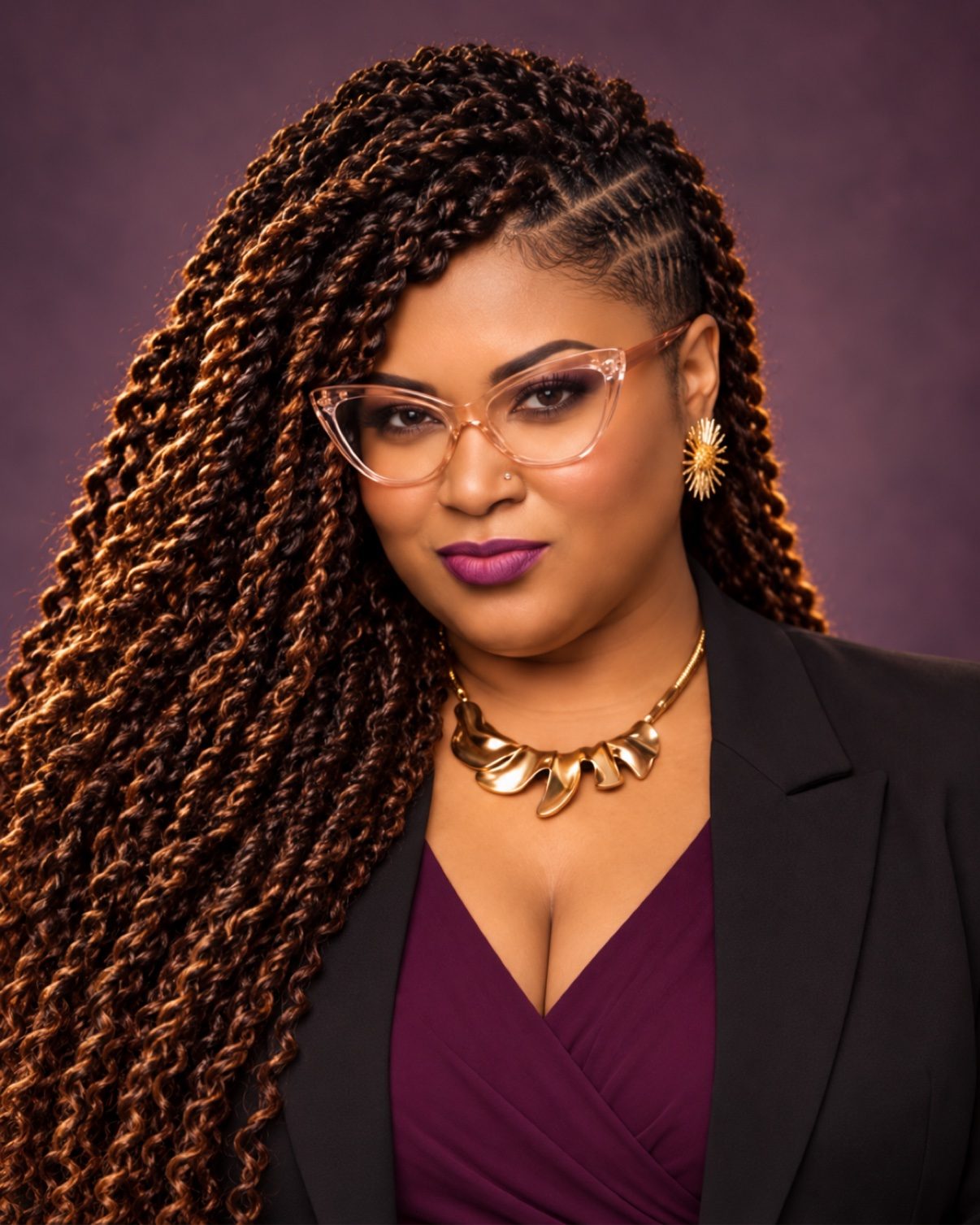 Nina Simmons in a plum top and black blazer with cat-eye glasses, gold jewelry, and long twist braids