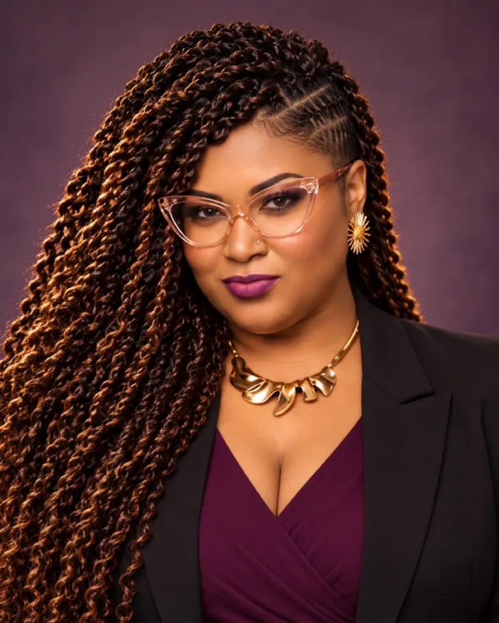 Nina Simmons in a plum top and black blazer with cat-eye glasses, gold jewelry, and long twist braids
