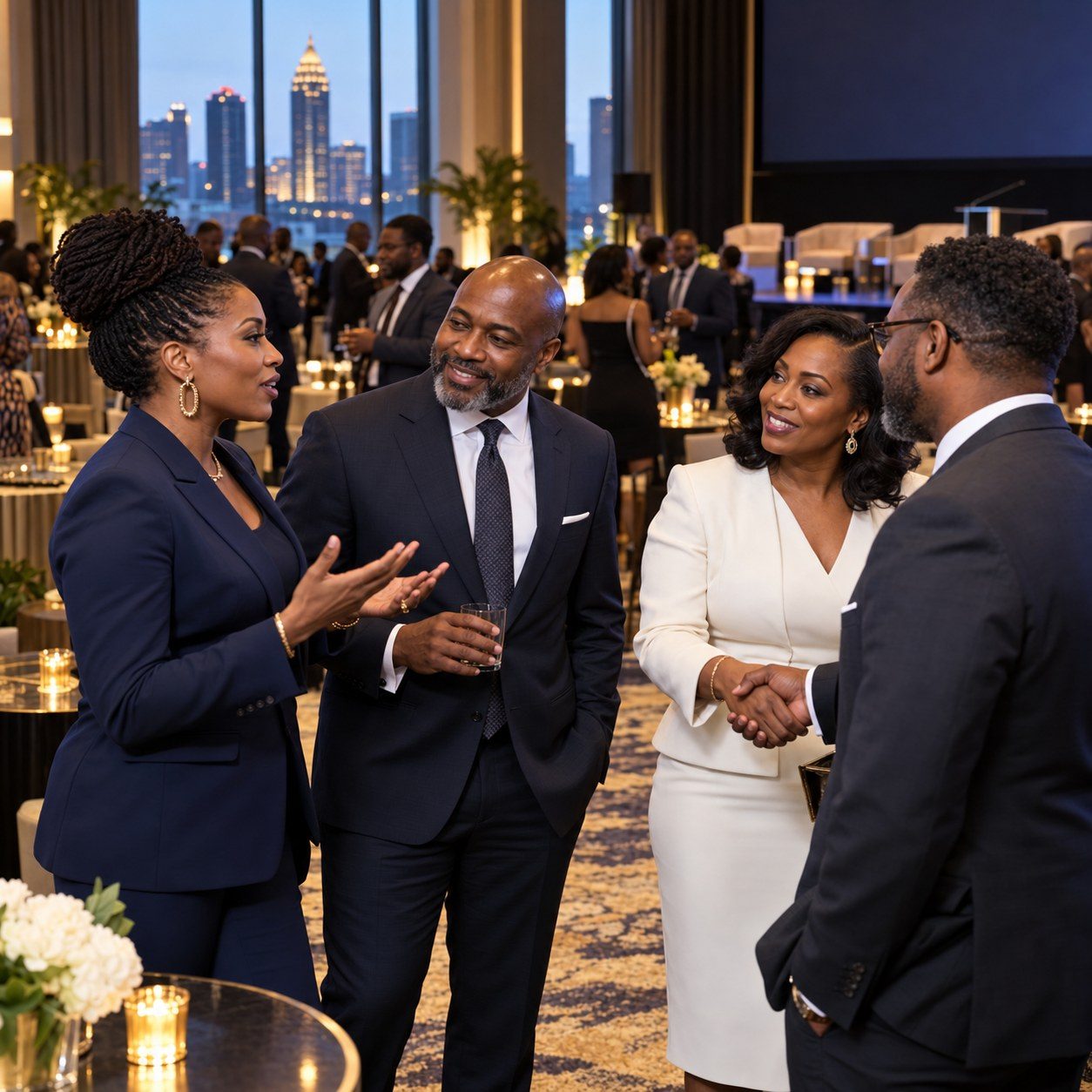 Business professionals networking and shaking hands at an evening chamber event with the Atlanta skyline behind them