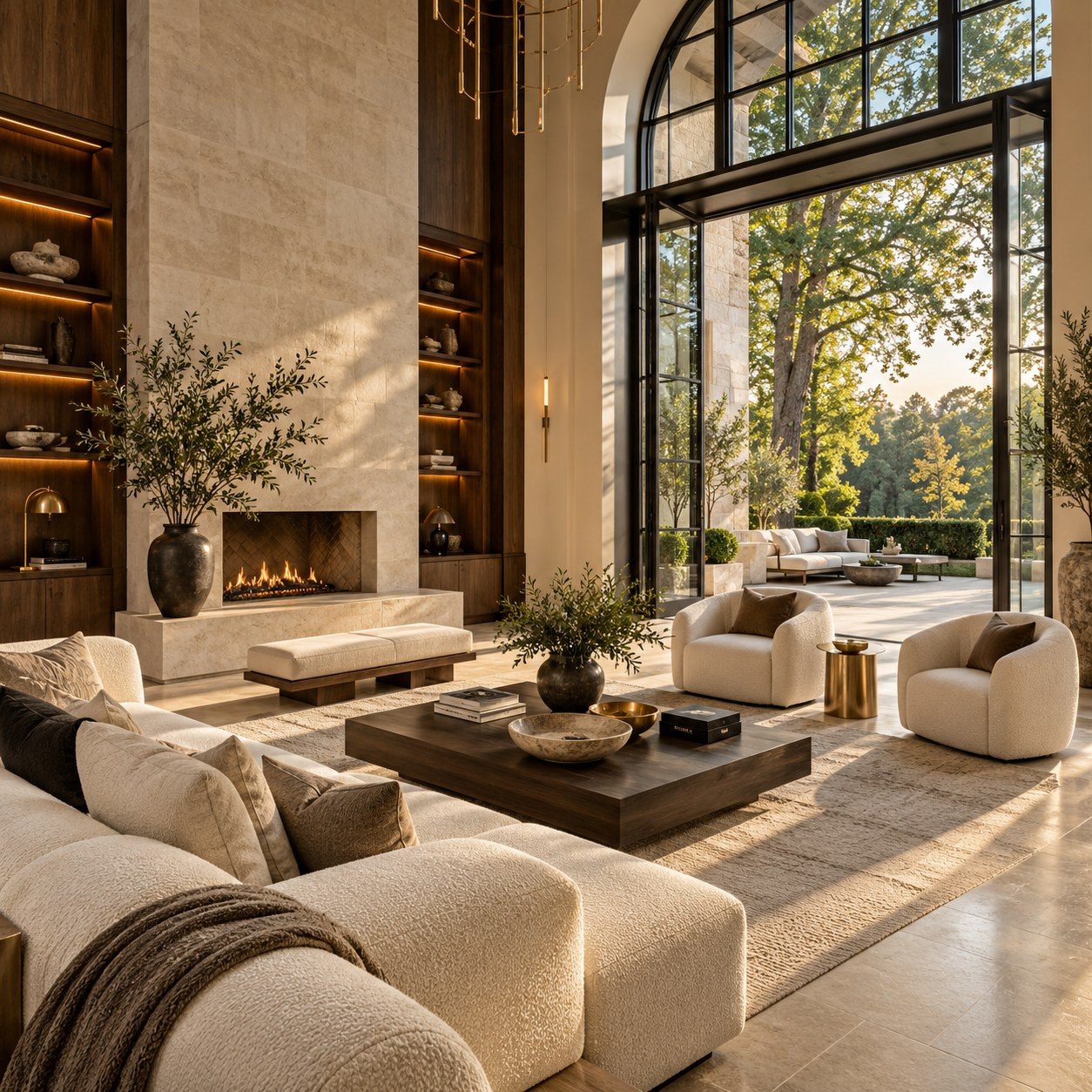 Luxury home living room with a stone fireplace, cream boucle sofas, and tall arched windows opening to a patio