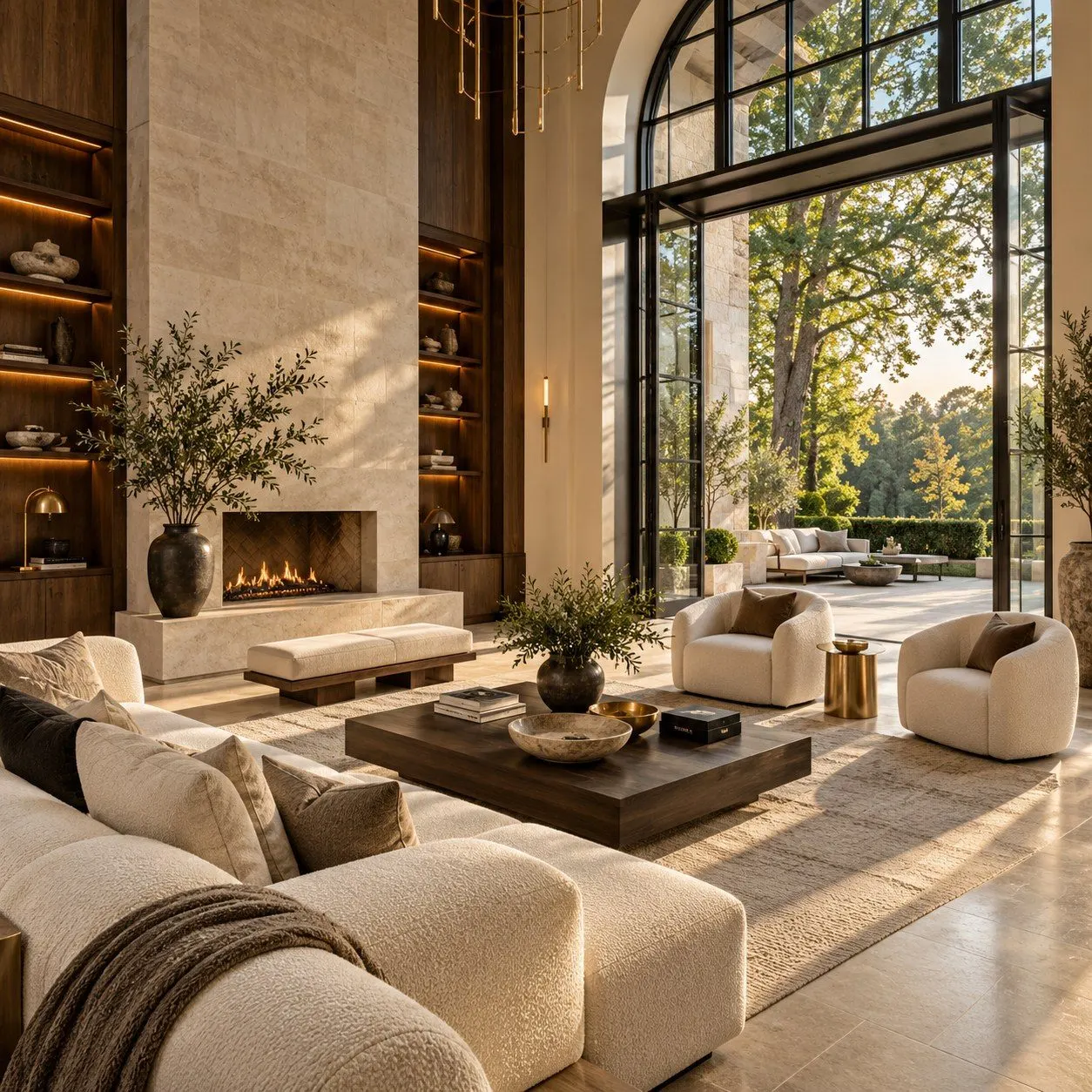Luxury home living room with a stone fireplace, cream boucle sofas, and tall arched windows opening to a patio