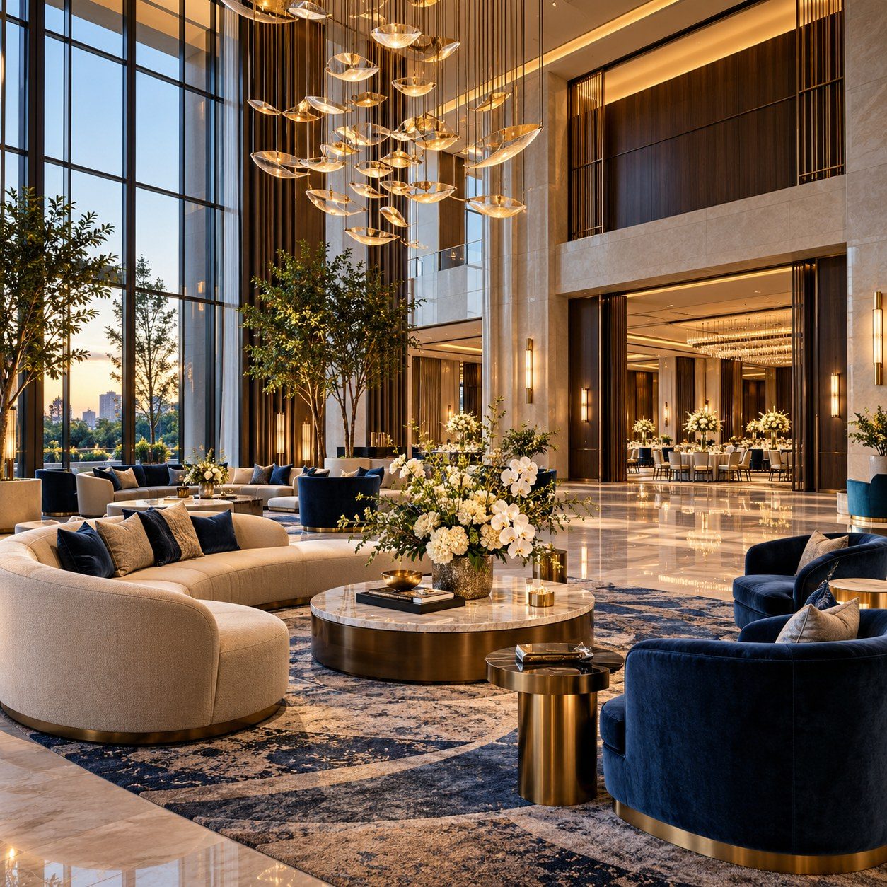 Luxury hotel lobby with sculptural pendant lights, curved sofas, marble floors, and a ballroom beyond