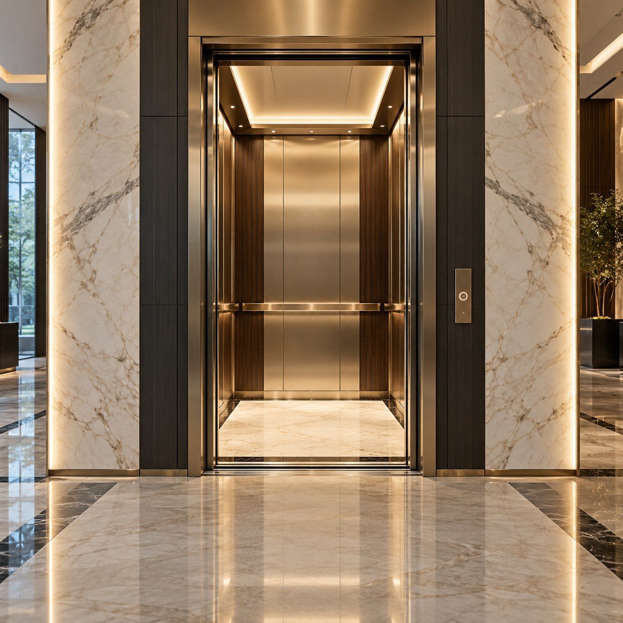 Luxury elevator interior with brushed brass doors and panels, marble walls and floors, and warm recessed lighting