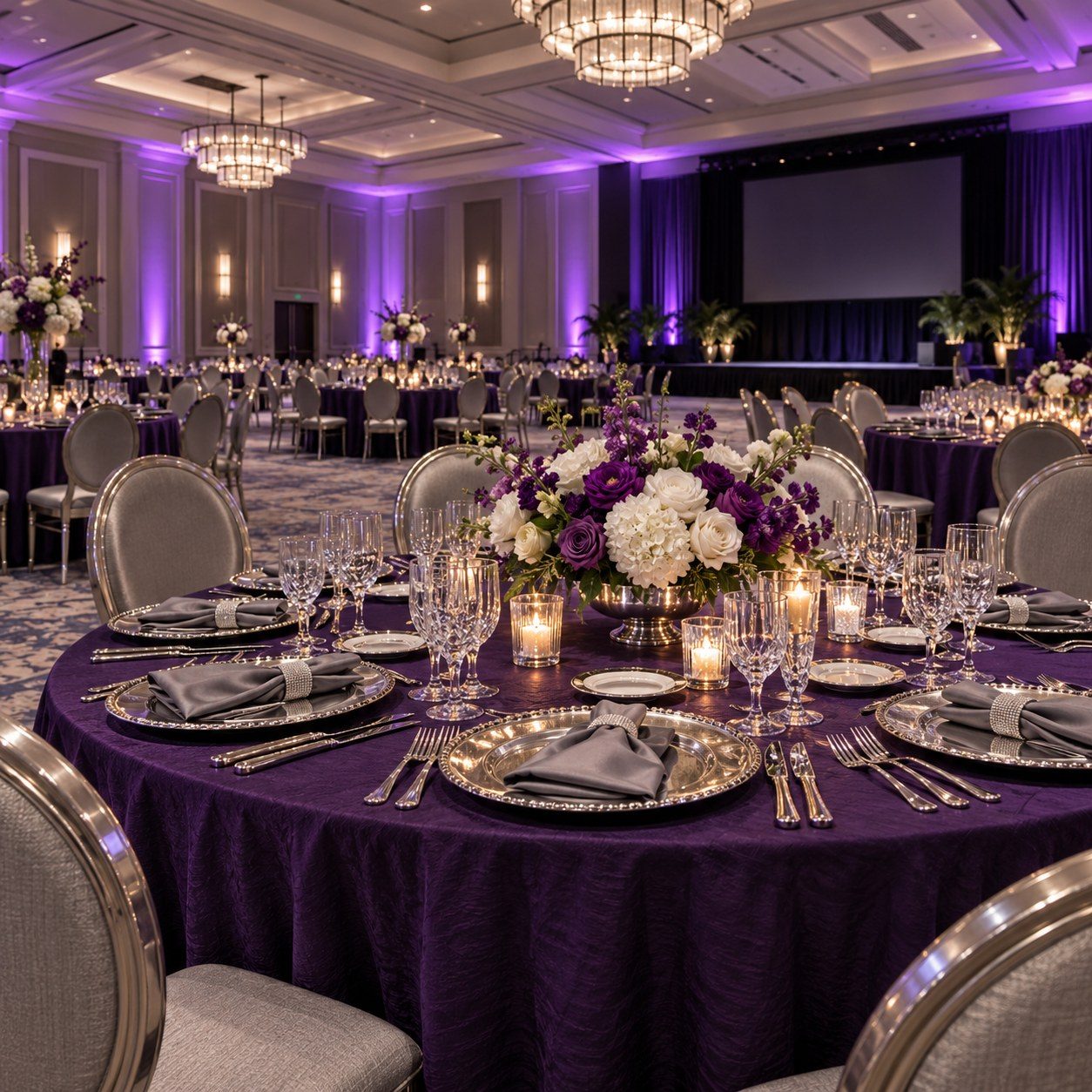 Gala ballroom with round tables in deep purple linen, purple and white floral centerpieces, crystal glassware, and chandeliers under purple uplighting