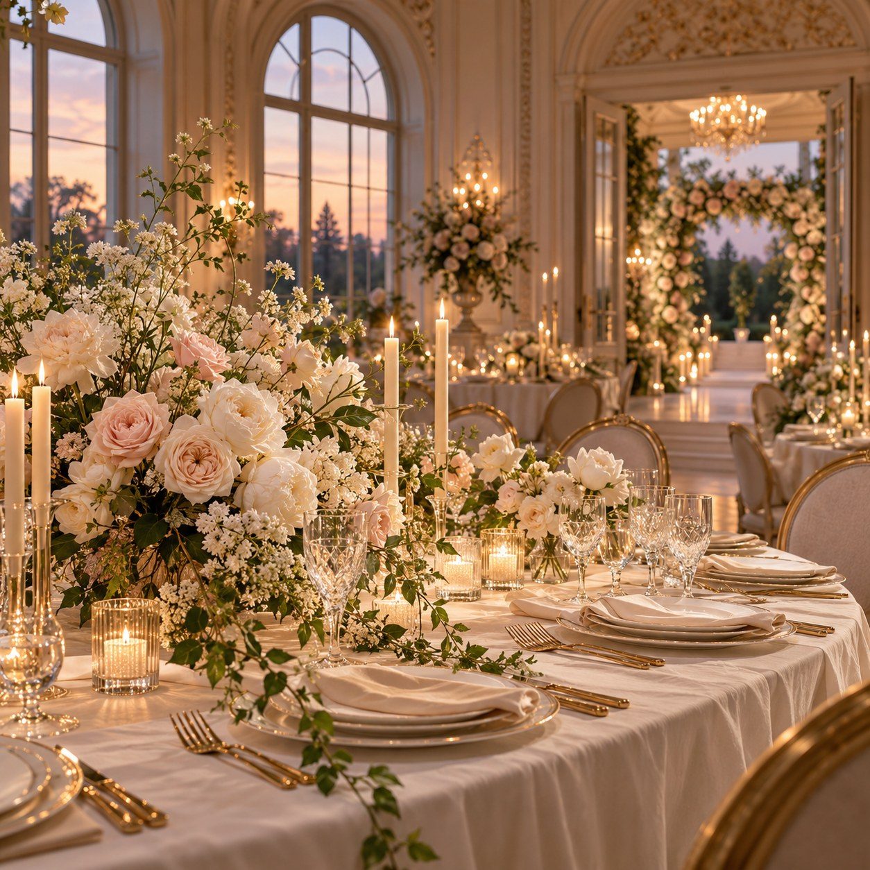 Elegant event tablescape with blush and ivory roses, taper candles, crystal glassware, and gold flatware in a sunlit ballroom