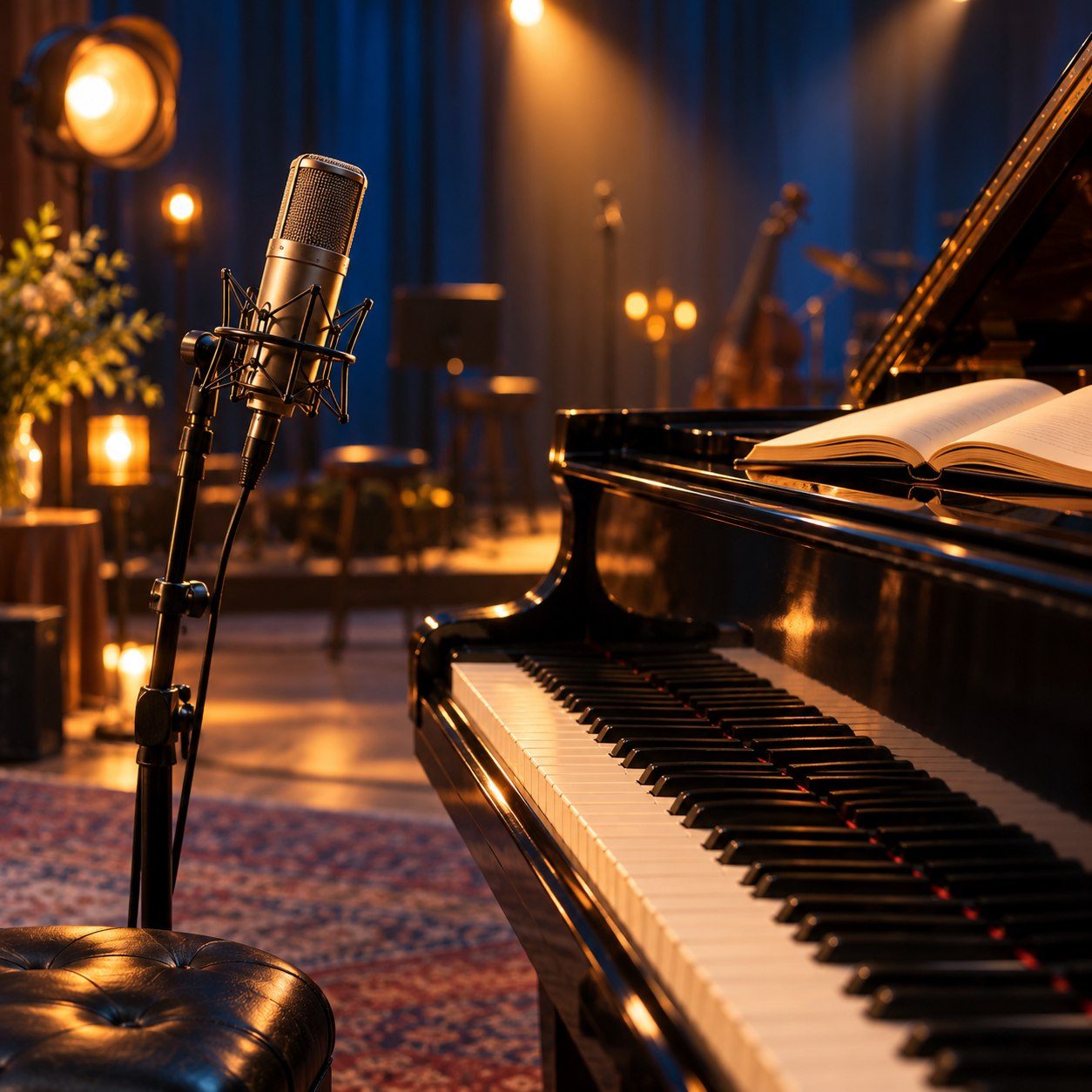 Moody studio scene with a grand piano and a vintage microphone under warm stage lights