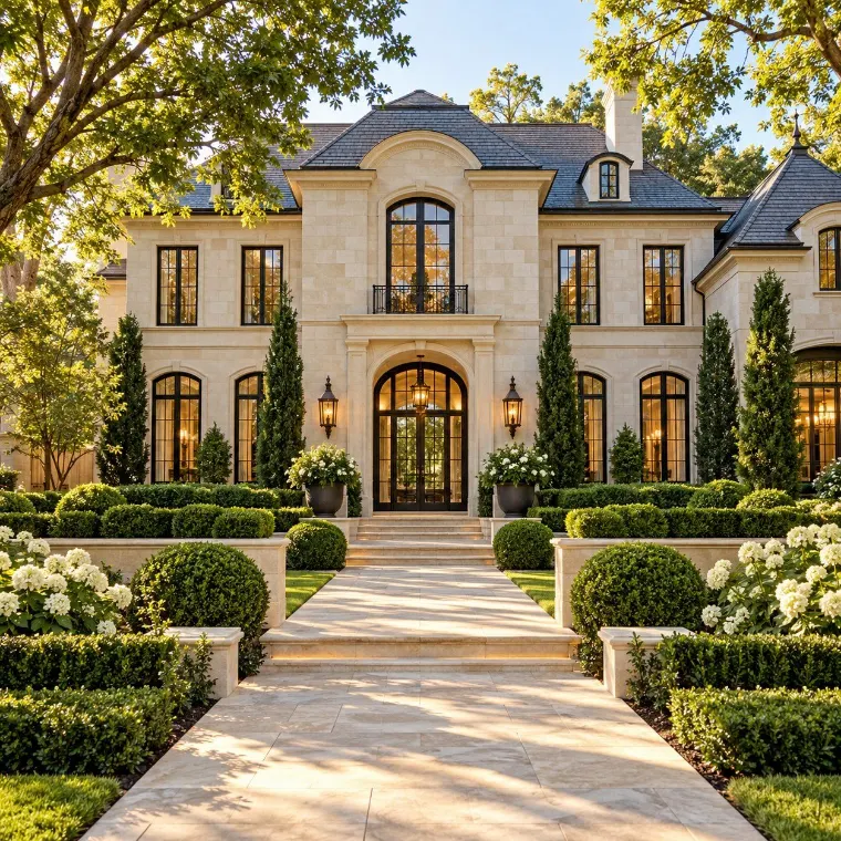 Luxury stone mansion exterior with manicured gardens and a tree-lined walkway in golden light