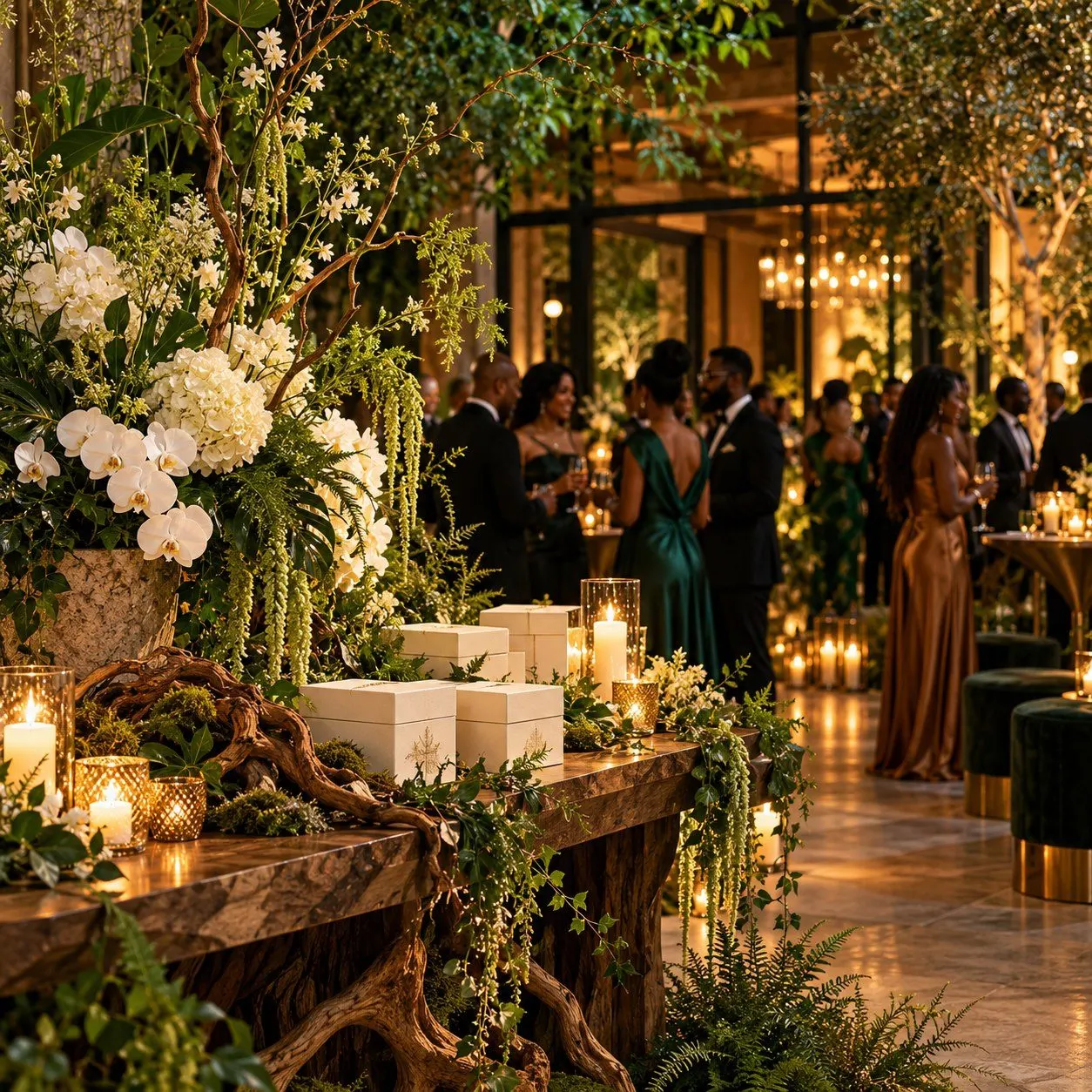 Elegant garden gala with lush greenery, white orchids, and candlelit tables