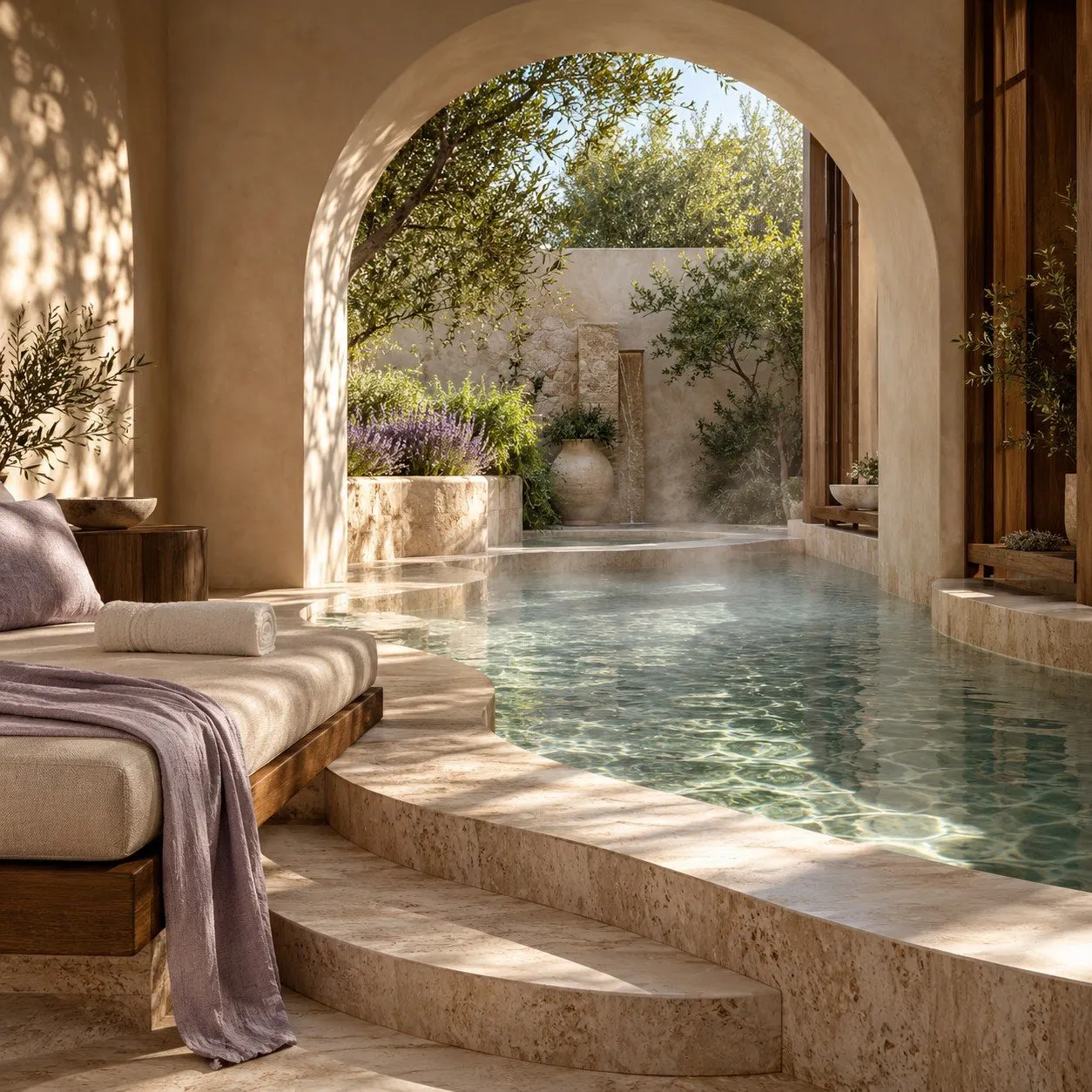 Luxurious spa retreat with a curved stone pool, arched doorway, olive trees, and a linen daybed in warm sunlight