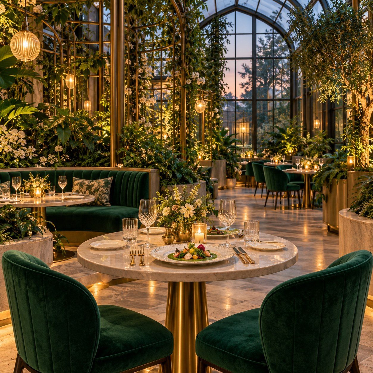 Greenhouse fine dining restaurant with emerald velvet chairs, marble tables set with plated seasonal dishes, climbing vines, and glasshouse windows at dusk