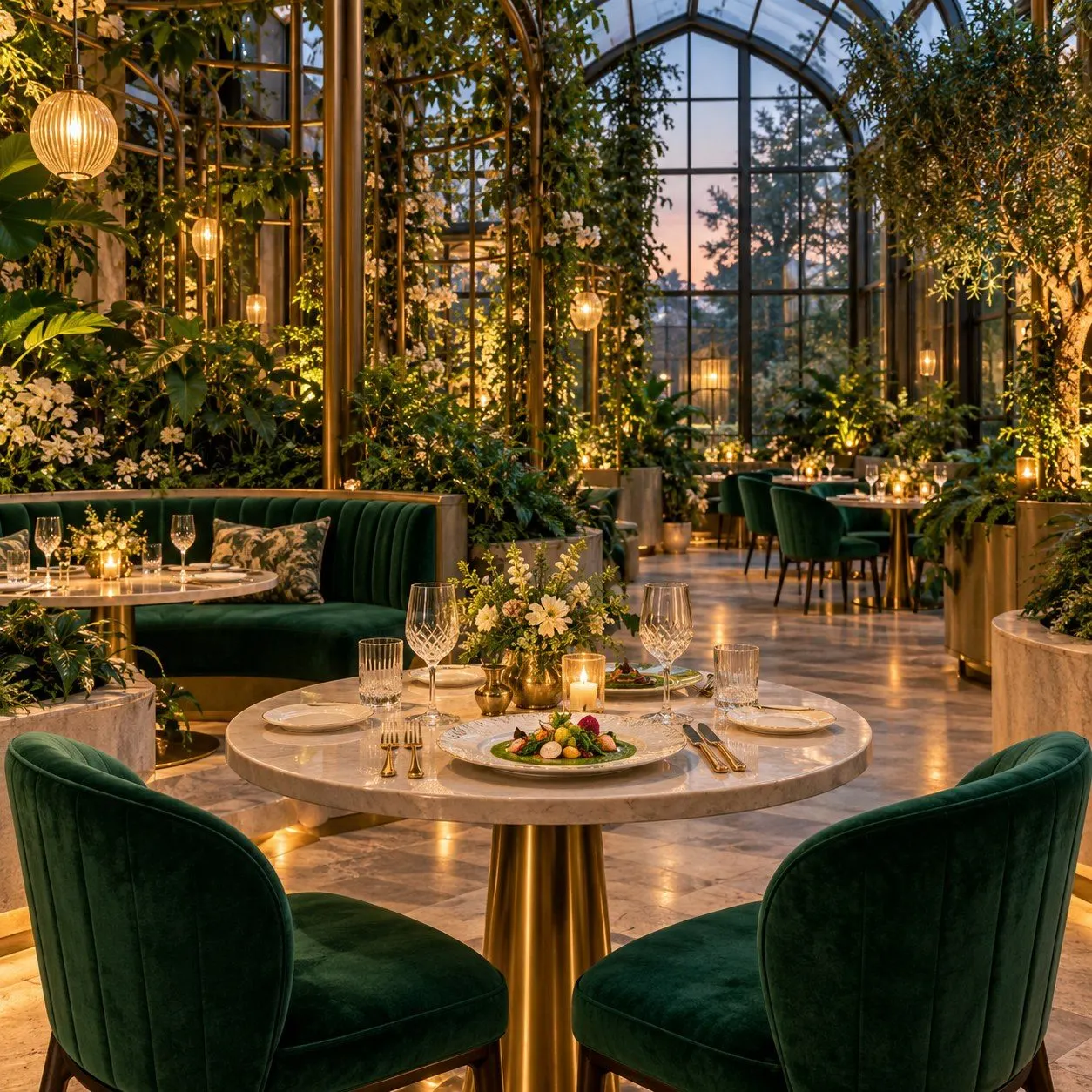 Greenhouse fine dining restaurant with emerald velvet chairs, marble tables set with plated seasonal dishes, climbing vines, and glasshouse windows at dusk