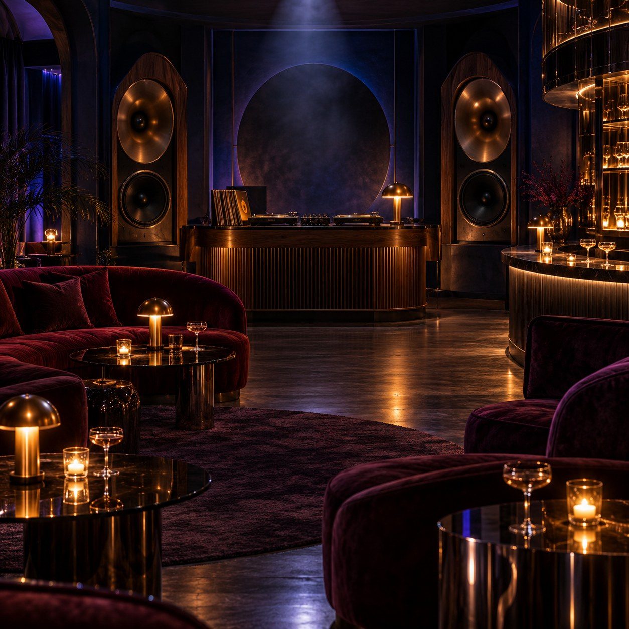 Intimate listening lounge and cocktail bar with burgundy velvet seating, brass horn speakers, a turntable booth, candlelit tables, and a backlit bar