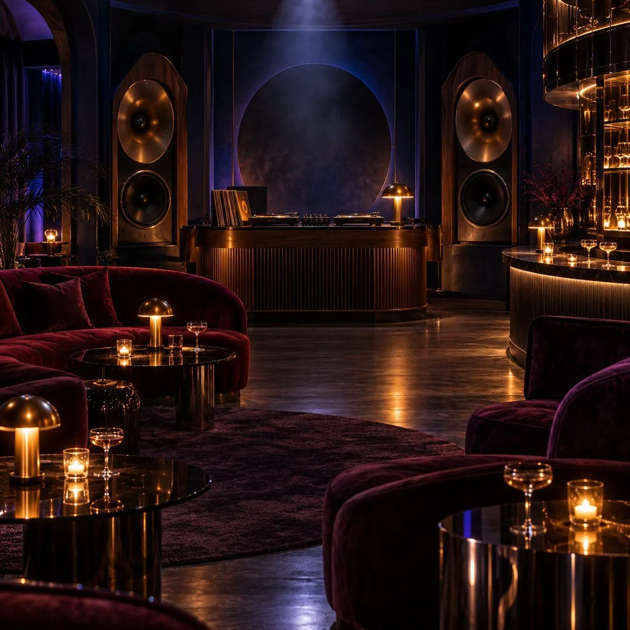Intimate listening lounge and cocktail bar with burgundy velvet seating, brass horn speakers, a turntable booth, candlelit tables, and a backlit bar