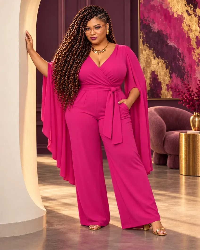 Full-length portrait of Nina Simmons in a fuchsia cape-sleeve jumpsuit with gold jewelry and long twist braids, in a plum and gold interior