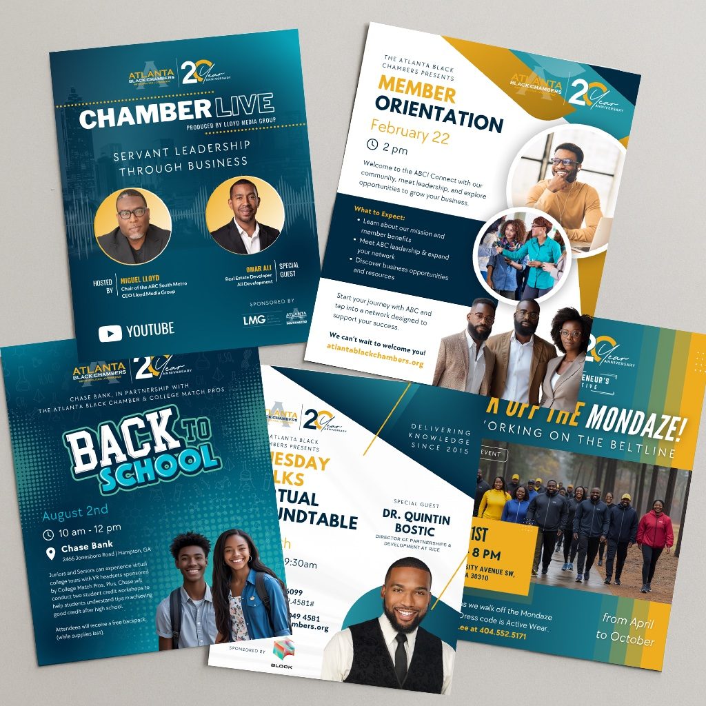 Collection of Atlanta Black Chambers event flyers including Chamber Live, Member Orientation, and Back to School