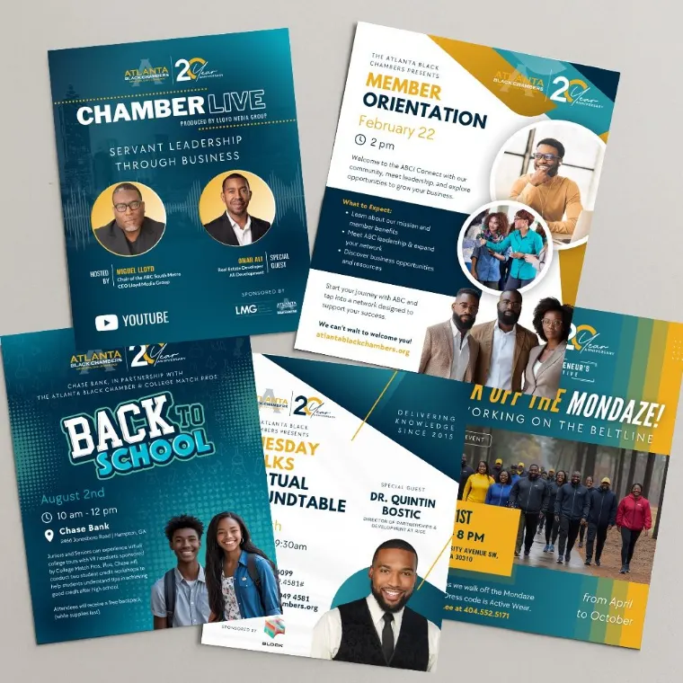 Collection of Atlanta Black Chambers event flyers including Chamber Live, Member Orientation, and Back to School