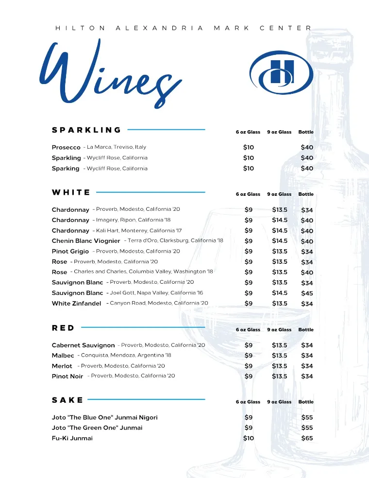 Wines menu for Hilton Alexandria Mark Center
