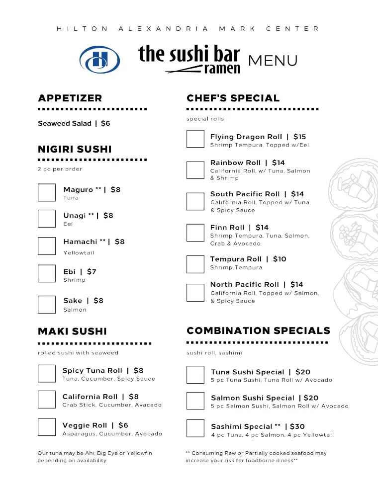 The Sushi Bar ramen menu for Hilton Alexandria Mark Center
