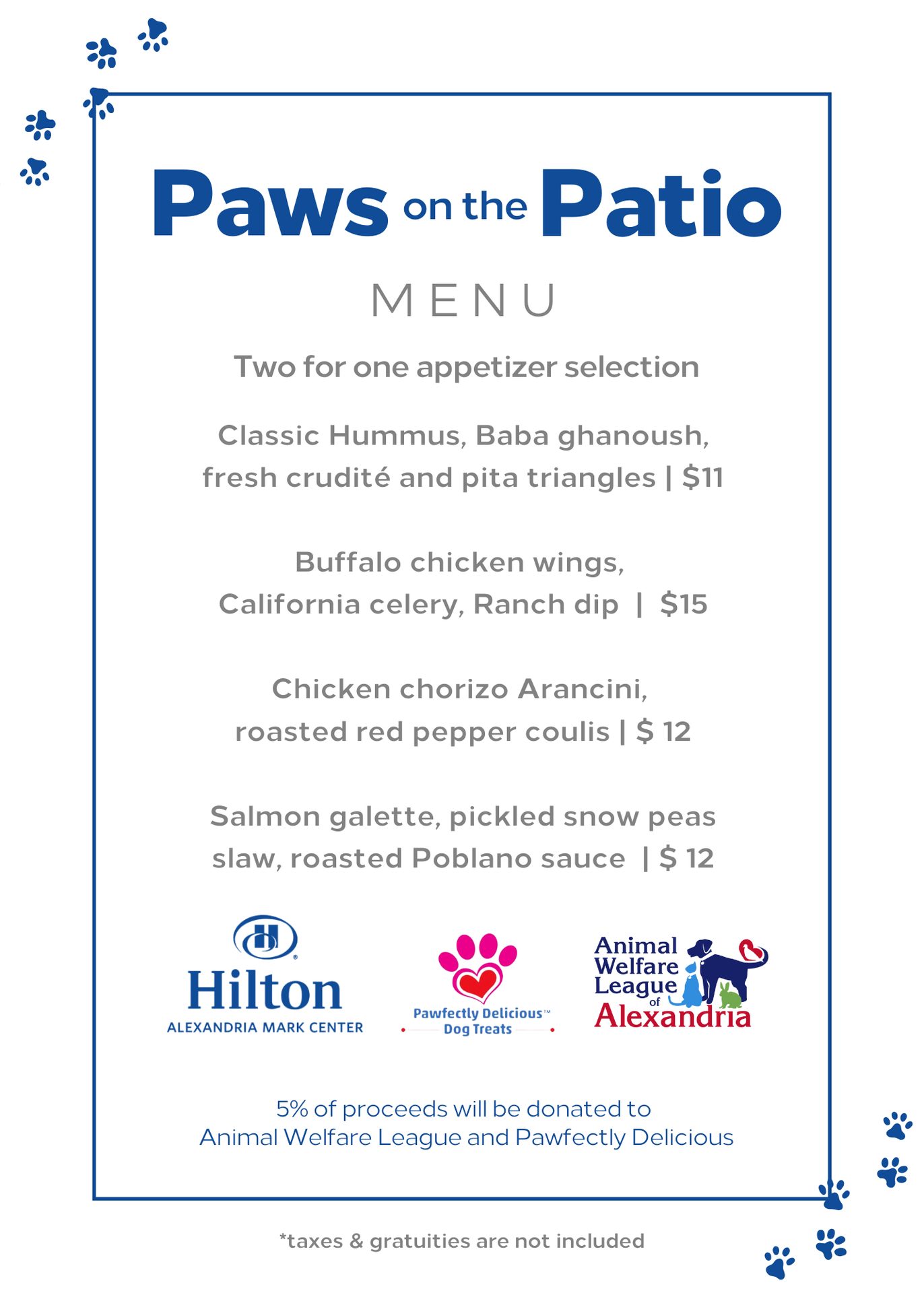 Paws on the Patio event menu