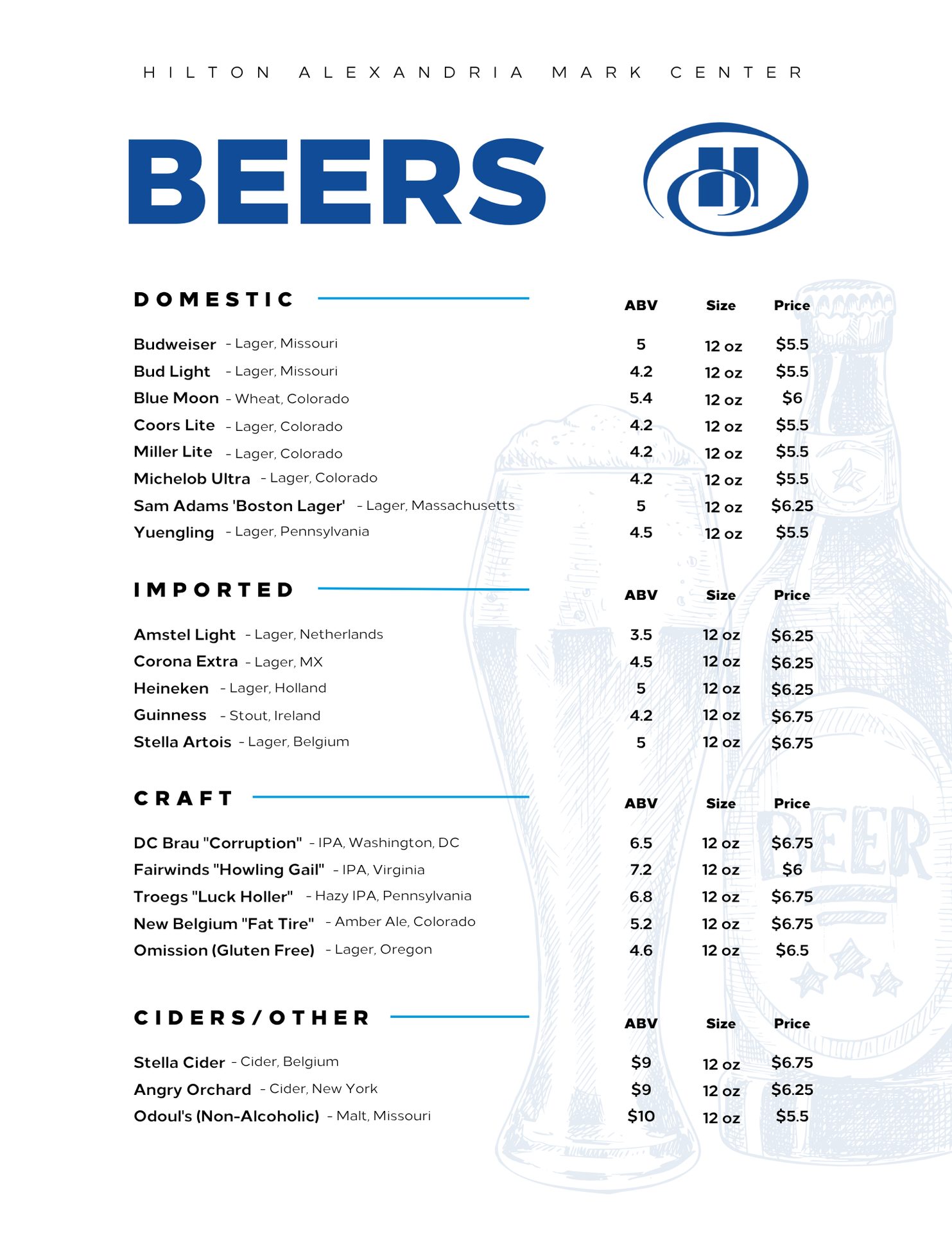 Beers menu listing domestic, imported, craft, and cider selections for Hilton Alexandria Mark Center