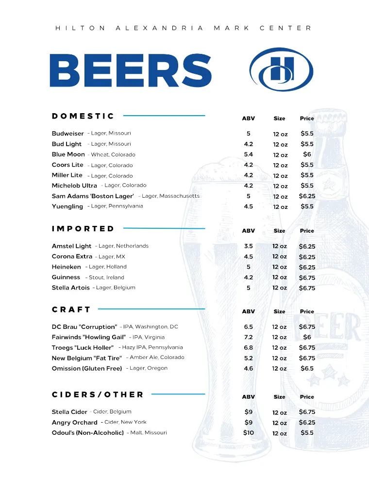 Beers menu listing domestic, imported, craft, and cider selections for Hilton Alexandria Mark Center