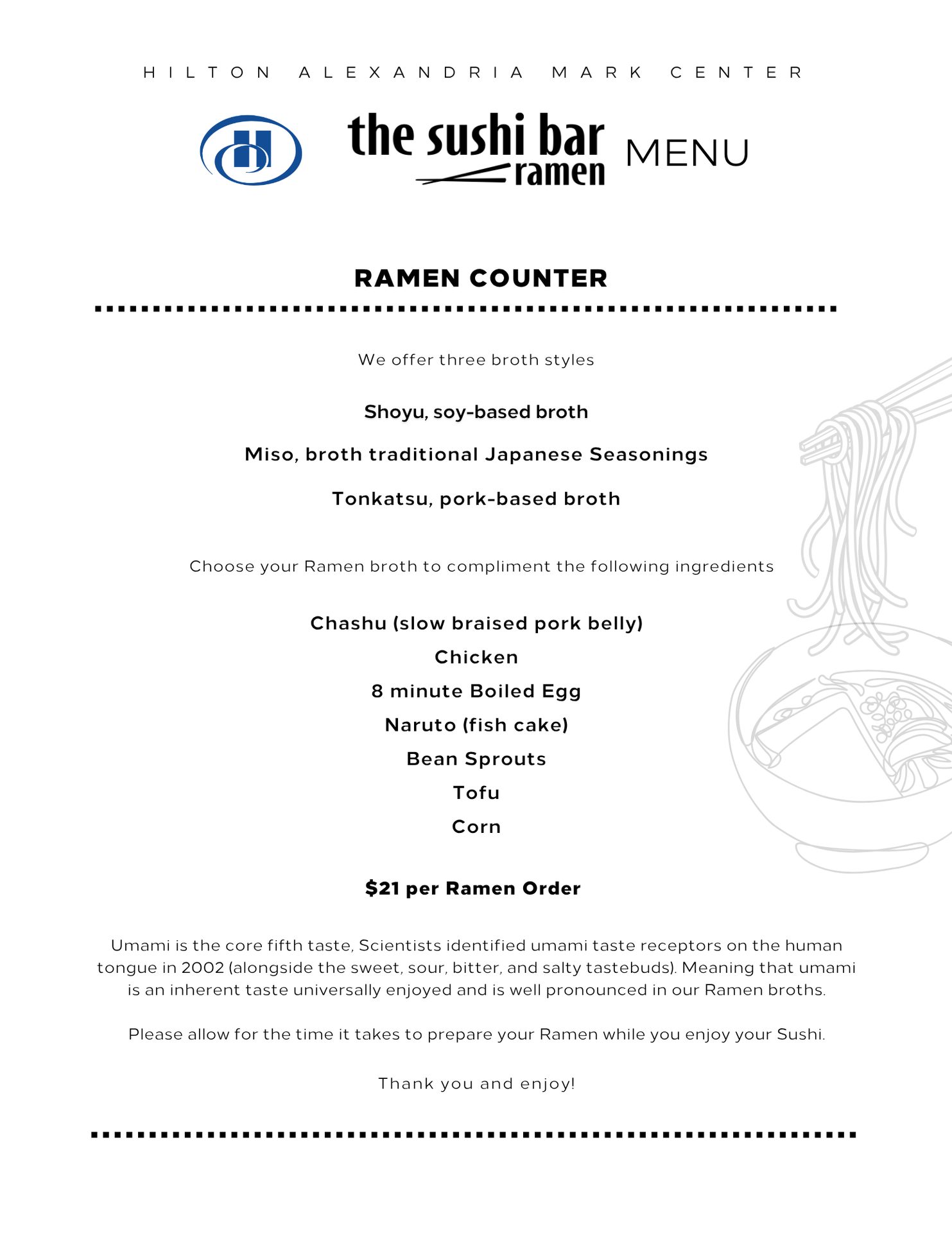Ramen Counter menu from The Sushi Bar at Hilton Alexandria Mark Center