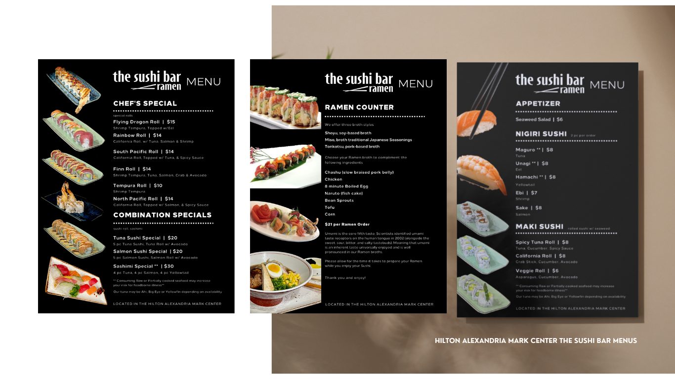 The Sushi Bar menus shown printed, three black menu panels on a taupe surface