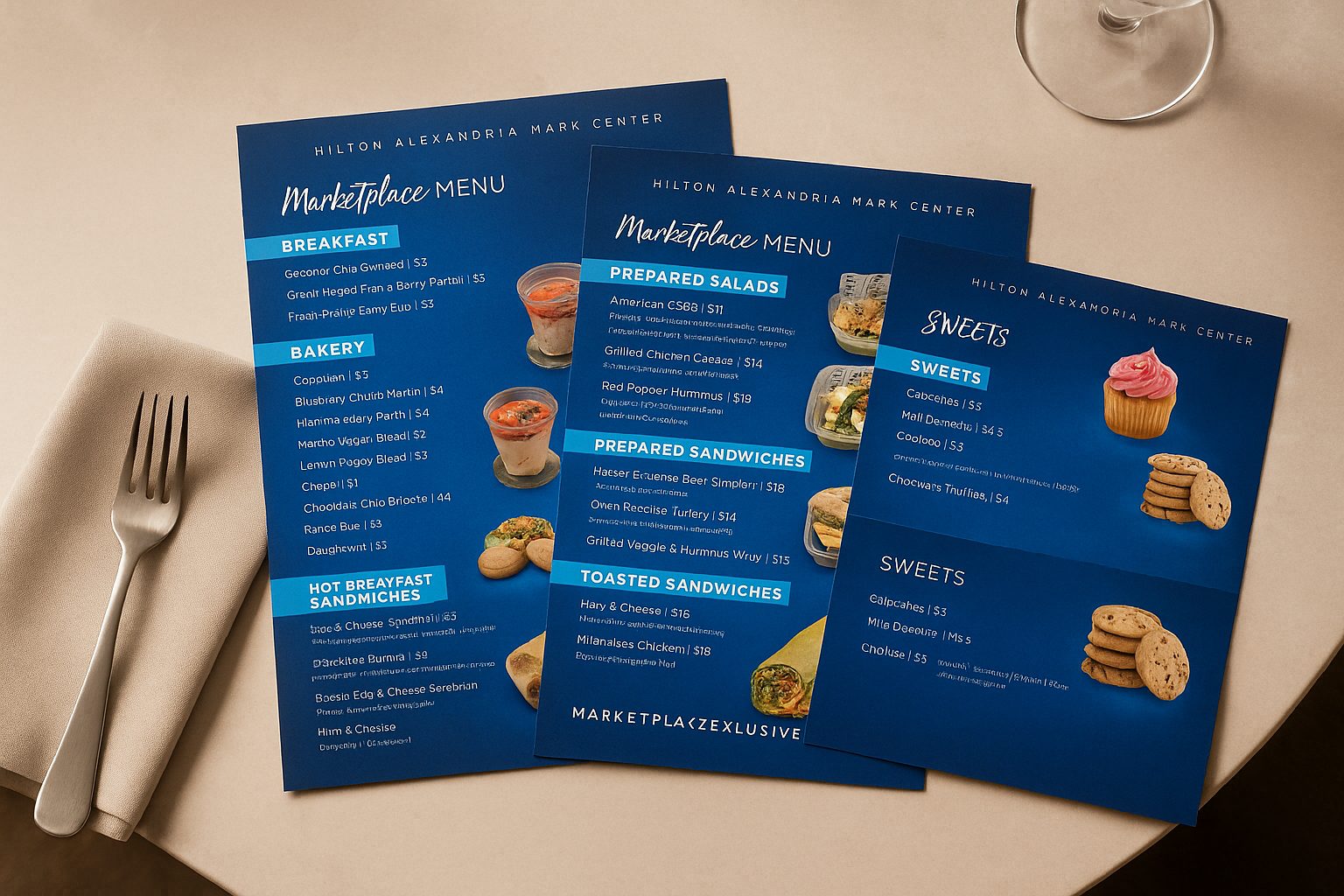 Marketplace menus shown printed in blue, laid out on a dining table