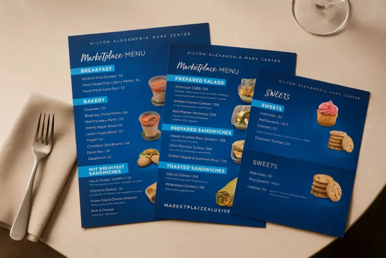 Marketplace menus shown printed in blue, laid out on a dining table