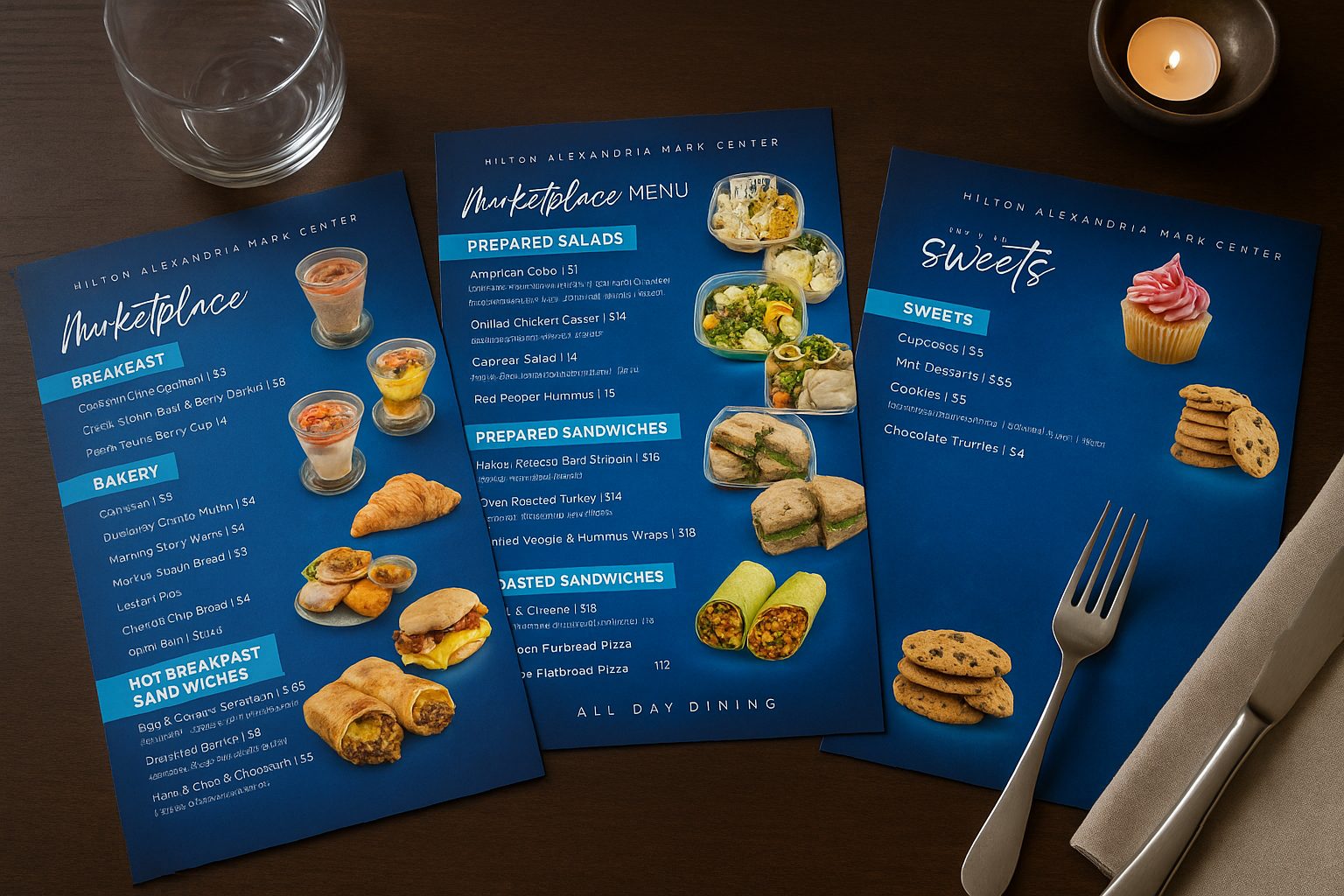 Marketplace menus in blue on a dark wood table, alternate view