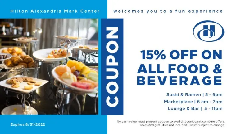 Food and beverage promotional coupon offering 15 percent off at Hilton Alexandria Mark Center