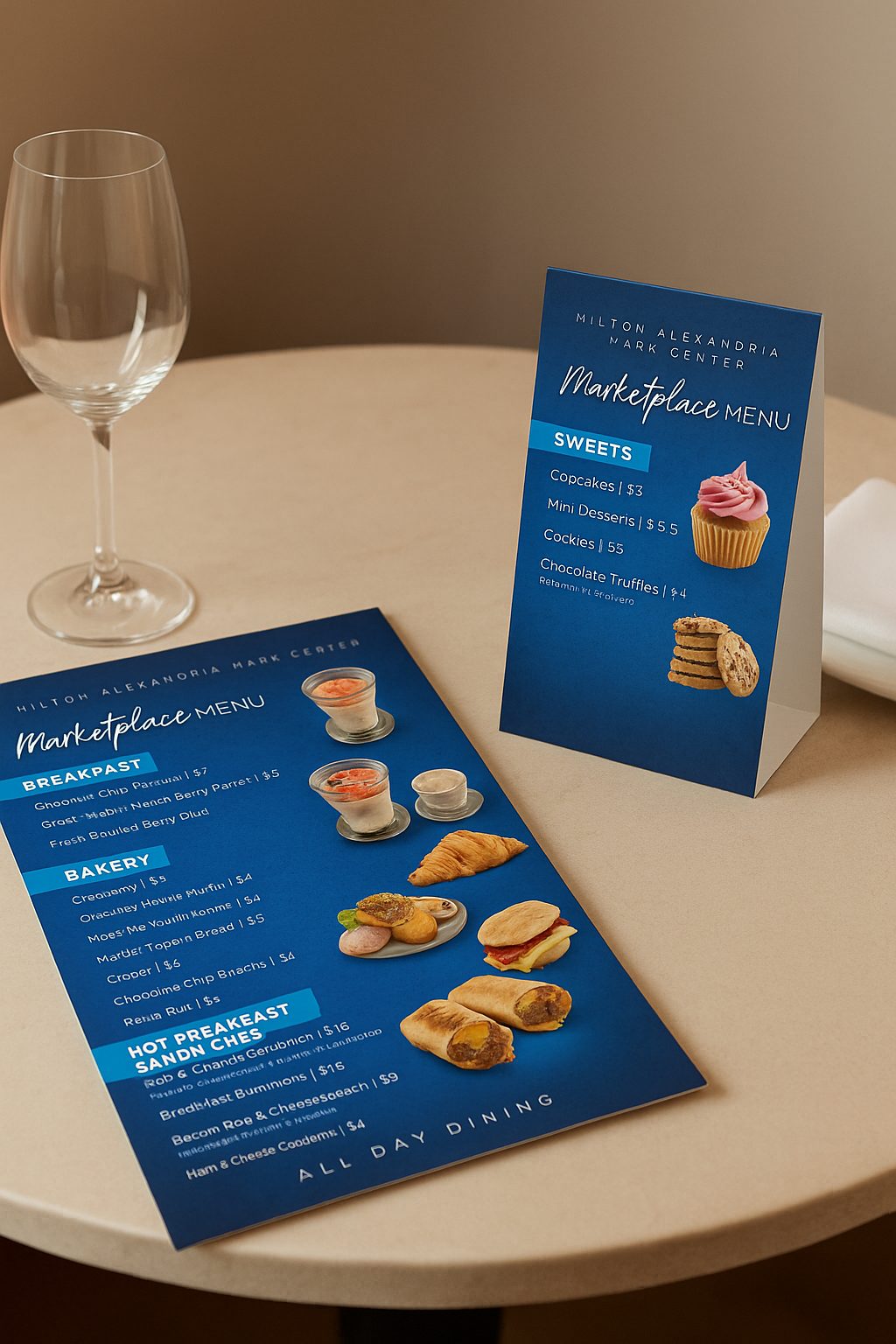 Marketplace menu table tent standing on a cafe table beside a printed menu