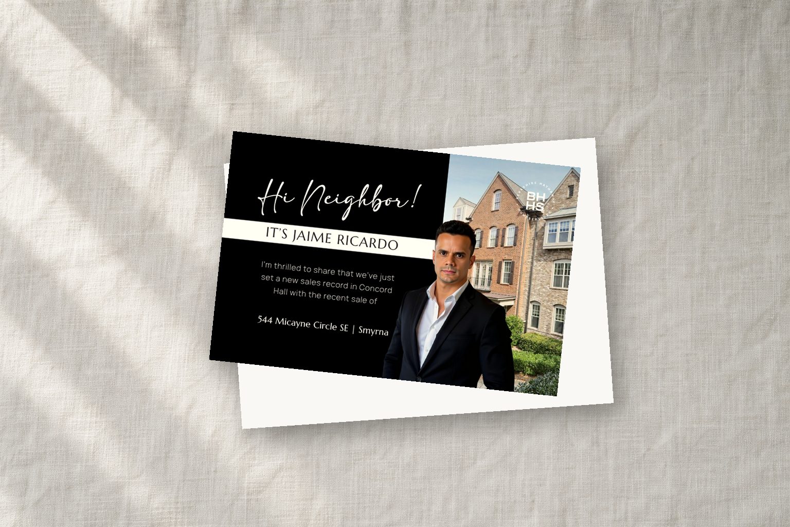 Hi Neighbor postcard mockup for realtor Jaime Ricardo, front card stacked on the back on a linen surface