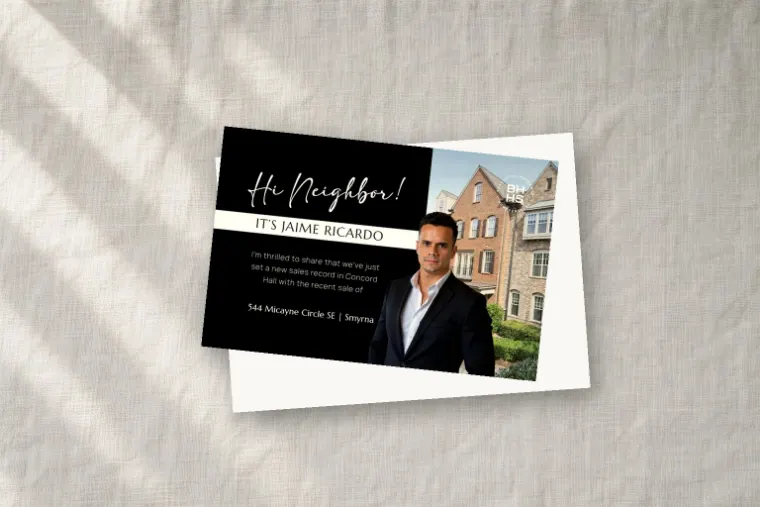 Hi Neighbor postcard mockup for realtor Jaime Ricardo, front card stacked on the back on a linen surface