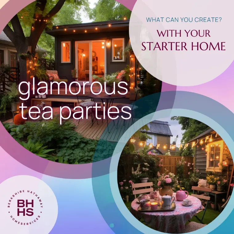 Starter home social graphic showing a backyard set for glamorous tea parties