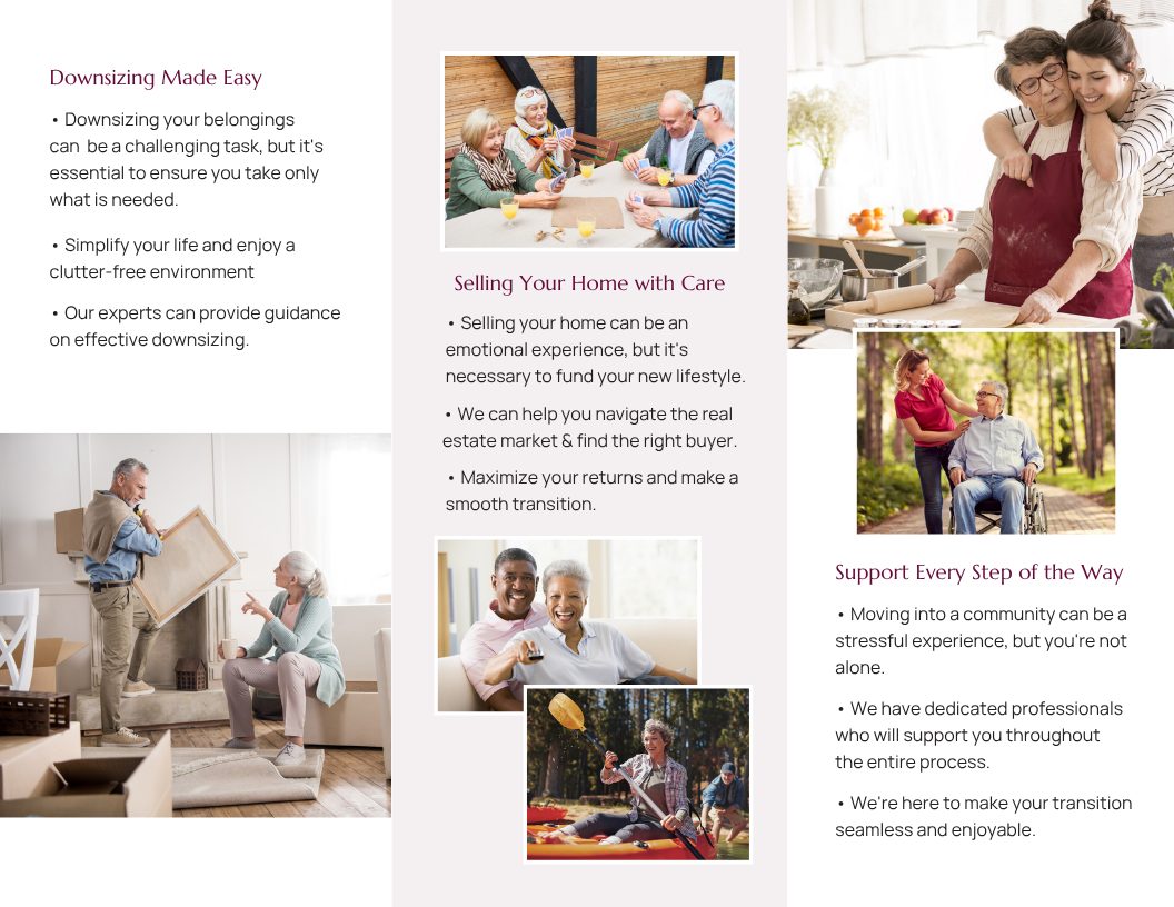 Interior panels of the 55+ community brochure for Jessica Pate, covering downsizing and selling with care