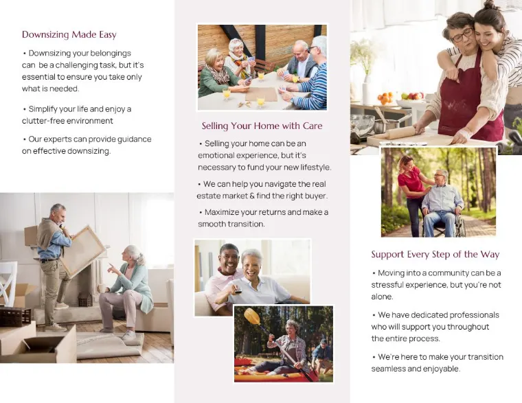 Interior panels of the 55+ community brochure for Jessica Pate, covering downsizing and selling with care