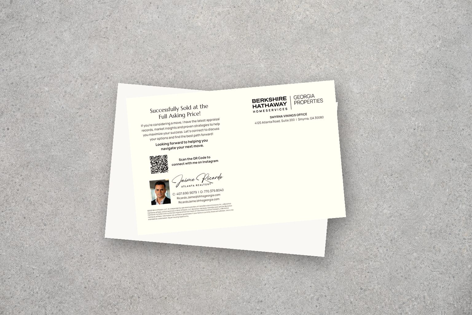Sold postcard mockup stacked on a stone surface, showing the Sold at Full Asking Price card with Jaime Ricardo contact details