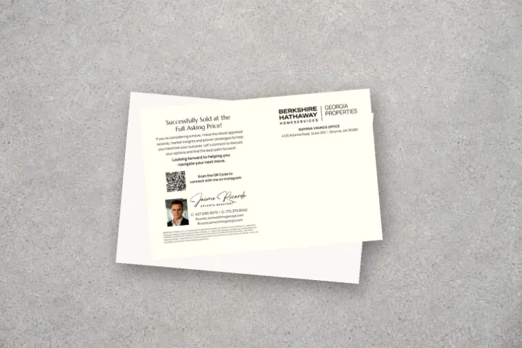 Sold postcard mockup stacked on a stone surface, showing the Sold at Full Asking Price card with Jaime Ricardo contact details