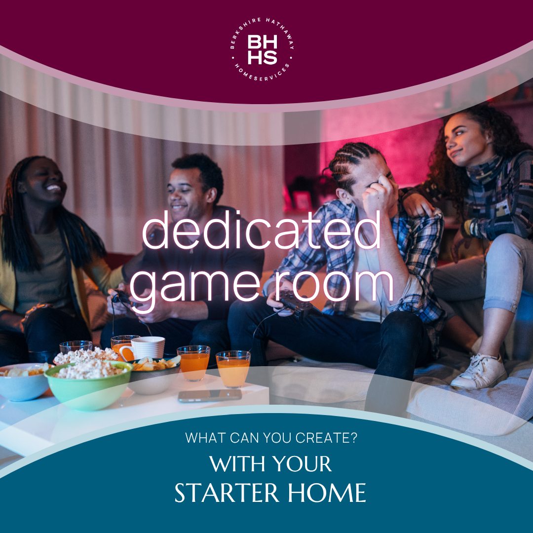 Starter home social graphic showing friends playing games in a dedicated game room
