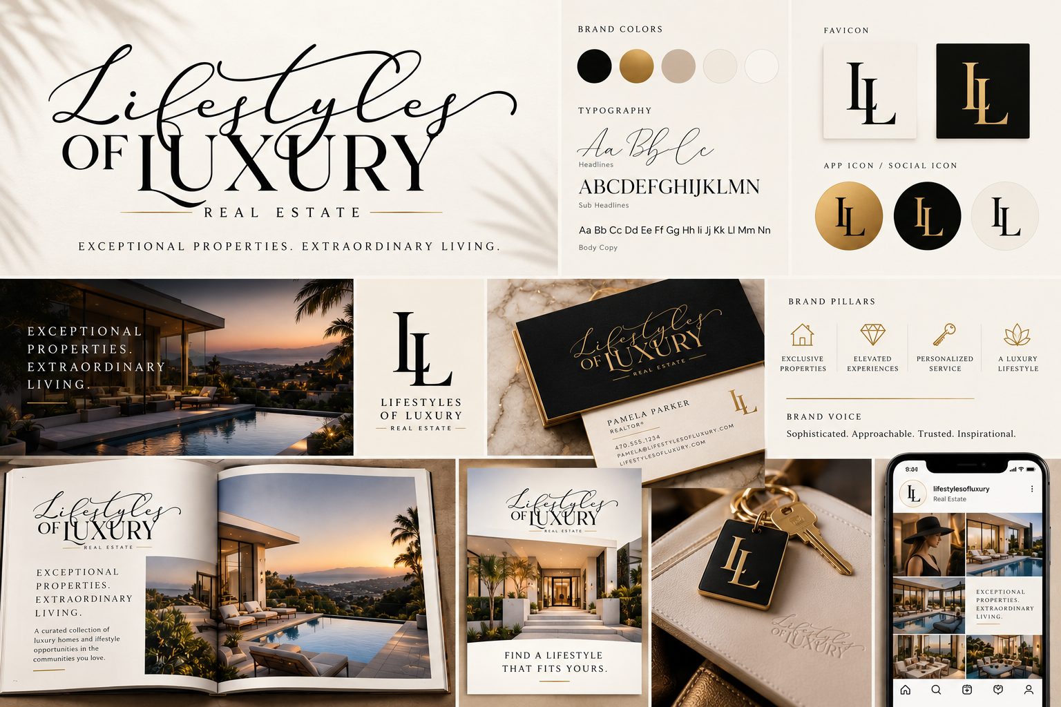 Lifestyles of Luxury brand identity board with the script logo, brand colors, typography, LL monogram marks, brand pillars, business cards, magazine spread, and social profile mockups