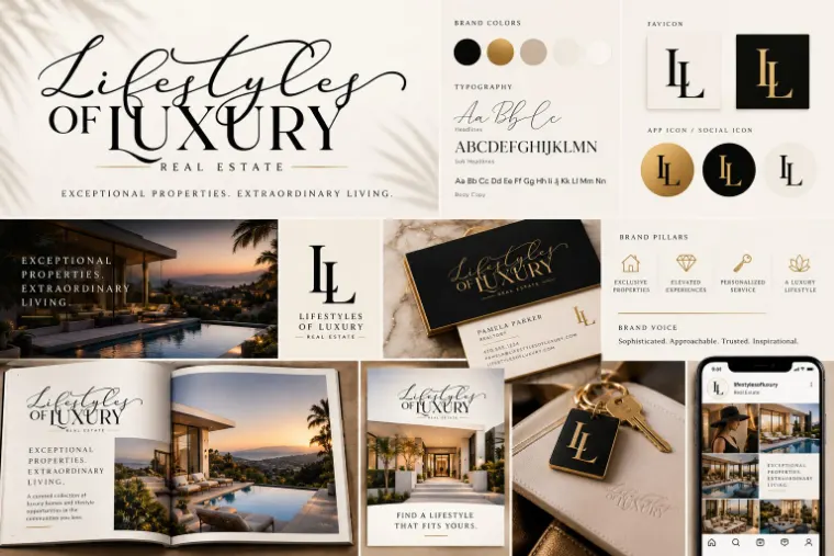 Lifestyles of Luxury brand identity board with the script logo, brand colors, typography, LL monogram marks, brand pillars, business cards, magazine spread, and social profile mockups