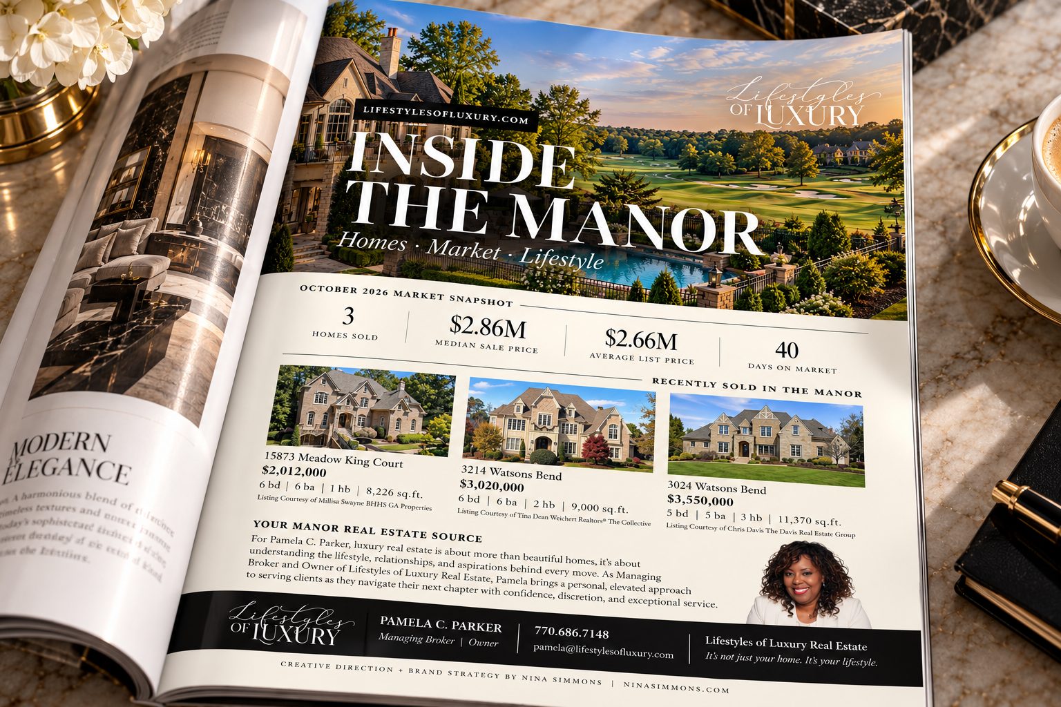 Inside the Manor magazine feature for Lifestyles of Luxury, October 2026, open on a marble table with market snapshot figures and recently sold Manor homes