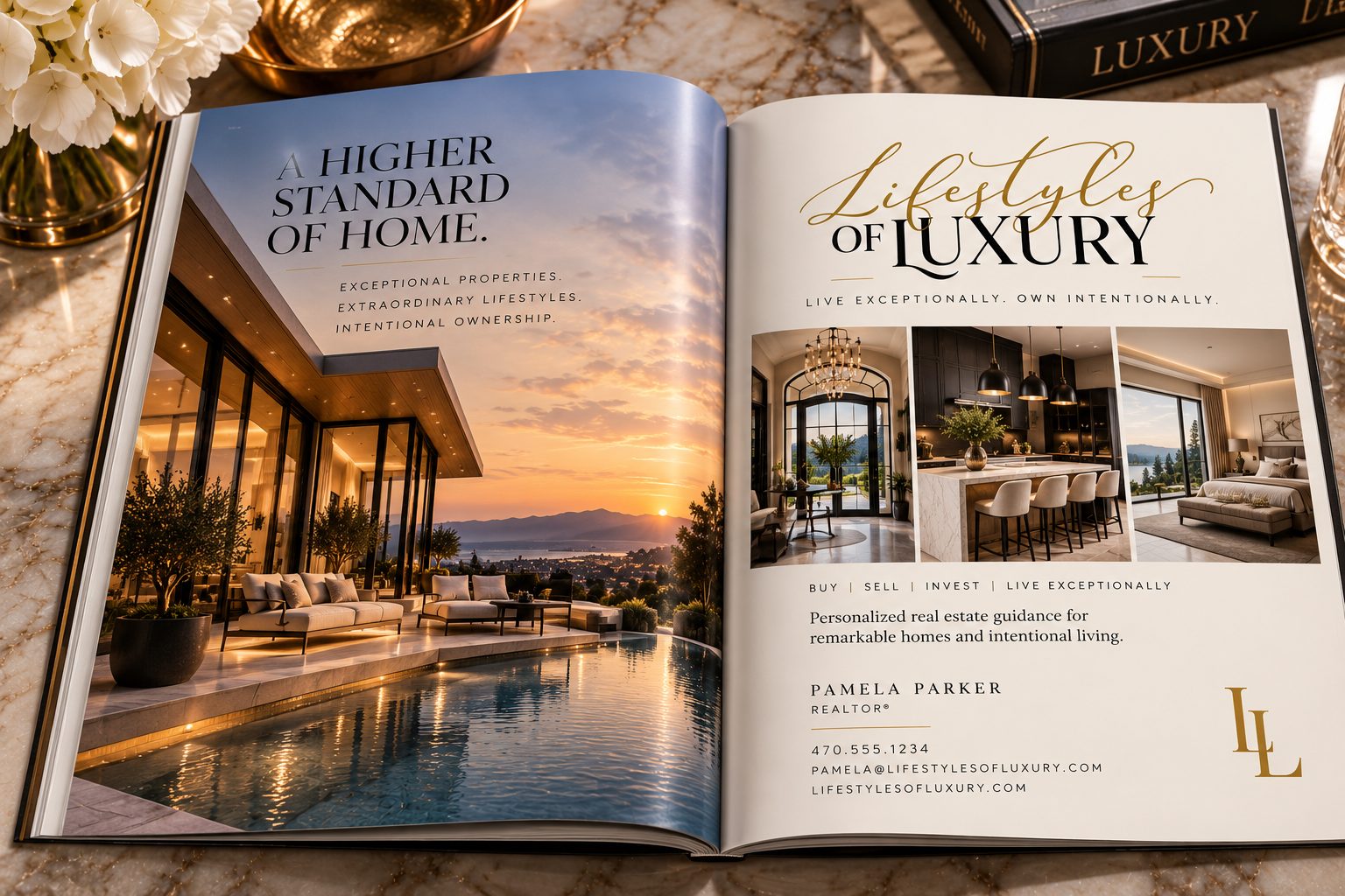Open Lifestyles of Luxury magazine spread headlined A Higher Standard of Home, with a sunset pool terrace photo on the left page and interior photos, the script logo, and Pamela Parker Realtor details on the right page