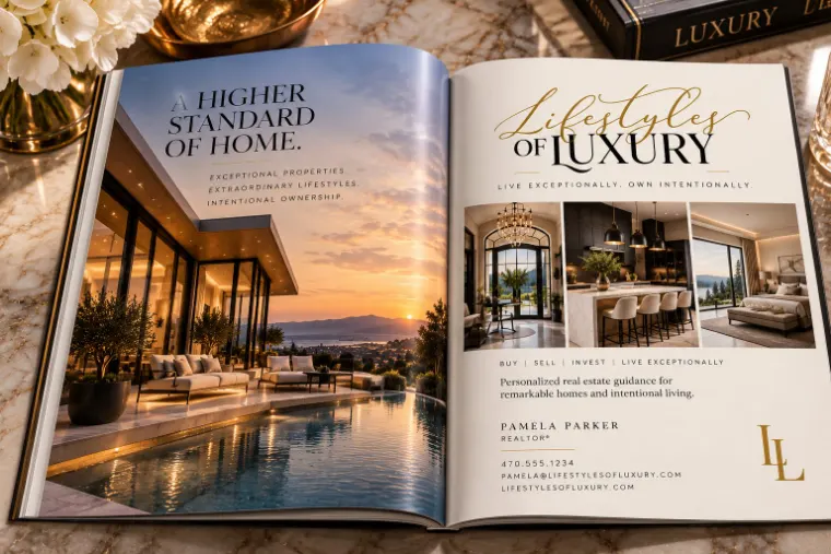 Open Lifestyles of Luxury magazine spread headlined A Higher Standard of Home, with a sunset pool terrace photo on the left page and interior photos, the script logo, and Pamela Parker Realtor details on the right page