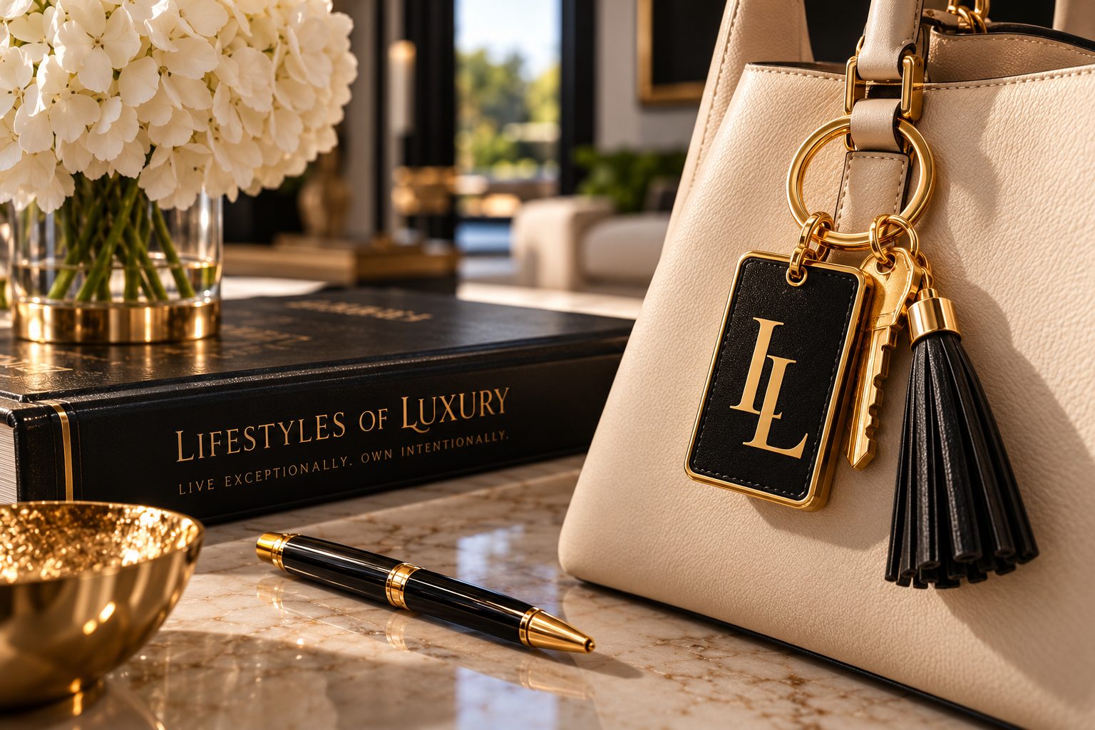 Lifestyles of Luxury brand styling still life with a black and gold LL monogram key tag and tassel on a cream handbag, beside a branded book, gold pen, and white hydrangeas