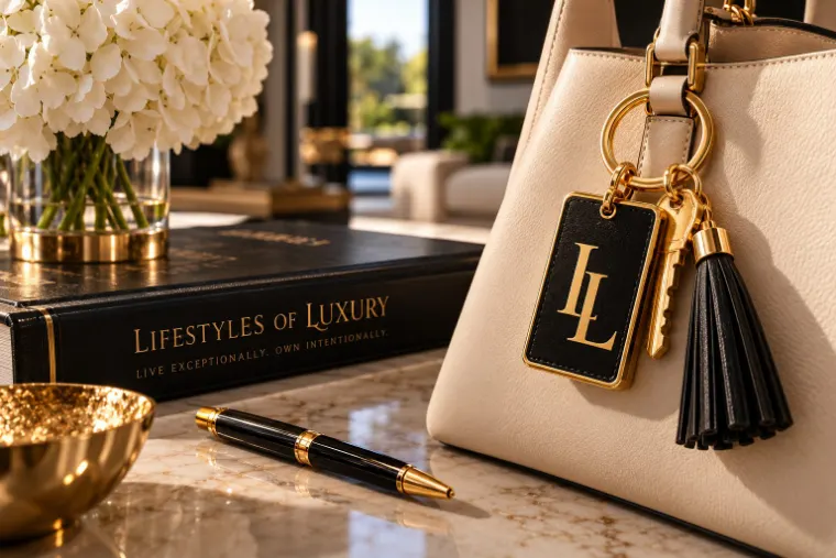 Lifestyles of Luxury brand styling still life with a black and gold LL monogram key tag and tassel on a cream handbag, beside a branded book, gold pen, and white hydrangeas