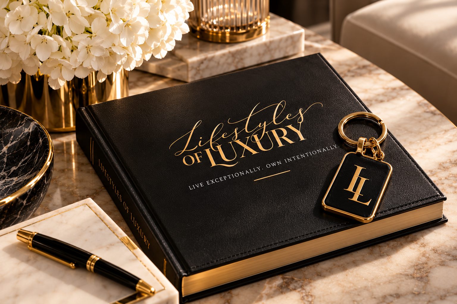 Lifestyles of Luxury brand journal in black with gold lettering on a marble table, with an LL monogram keychain, a black and gold pen, and white hydrangeas