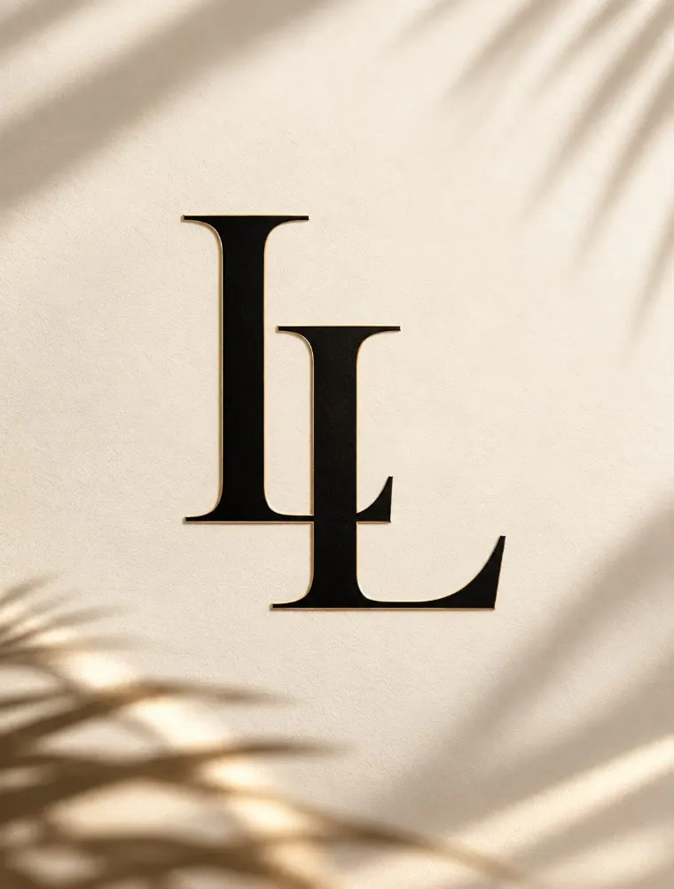 Lifestyles of Luxury LL monogram in black with gold edging on a cream background with palm leaf shadows